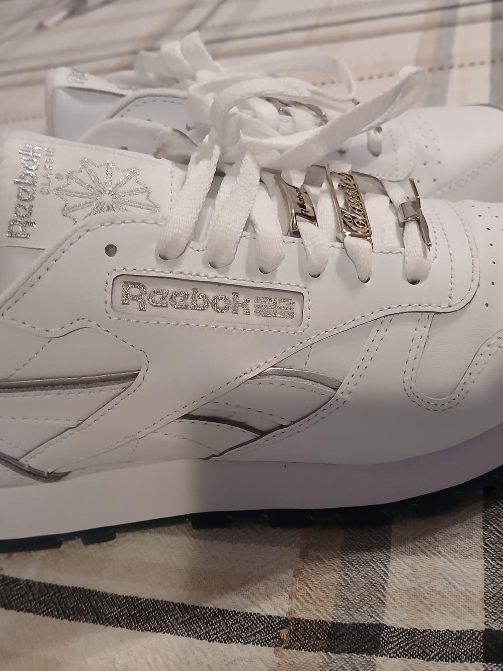 Reebok White Leather Sneakers with Silver Accents, Women Size 9